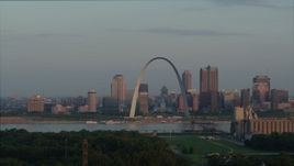 5.7K aerial stock footage of passing the St. Louis Arch at sunrise in Downtown St. Louis, Missouri Aerial Stock Footage | DX0001_000948