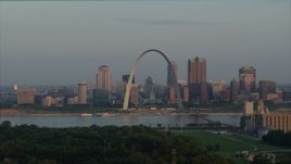 5.7K aerial stock footage of passing the St. Louis Arch in the morning in Downtown St. Louis, Missouri Aerial Stock Footage | DX0001_000949