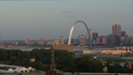 5.7K aerial stock footage of morning sunlight on the St. Louis Arch in Downtown St. Louis, Missouri Aerial Stock Footage | DX0001_000951