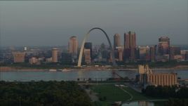 5.7K aerial stock footage of the Gateway Arch and city skyline in the morning, Downtown St. Louis, Missouri Aerial Stock Footage | DX0001_000954