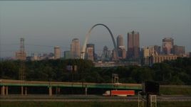 5.7K aerial stock footage of the Gateway Arch in the morning while descending, reveal I-55, Downtown St. Louis, Missouri Aerial Stock Footage | DX0001_000955