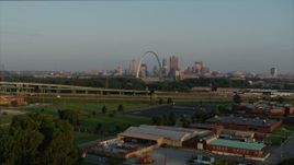 5.7K aerial stock footage approach I-55 and ascend for view of the Gateway Arch in the morning, Downtown St. Louis, Missouri Aerial Stock Footage | DX0001_000959