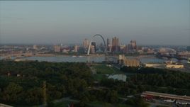 5.7K aerial stock footage approach park and the Gateway Arch in the morning, Downtown St. Louis, Missouri Aerial Stock Footage | DX0001_000960