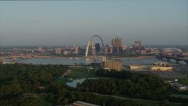 5.7K aerial stock footage flyby park with view of the Gateway Arch in the morning, Downtown St. Louis, Missouri Aerial Stock Footage | DX0001_000961