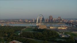 5.7K aerial stock footage flyby grain elevator with view of the Gateway Arch in the morning, Downtown St. Louis, Missouri Aerial Stock Footage | DX0001_000962