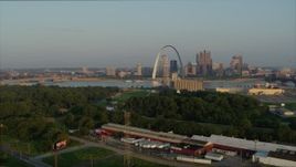 5.7K aerial stock footage flyby park with view of the Gateway Arch in the morning, Downtown St. Louis, Missouri Aerial Stock Footage | DX0001_000964