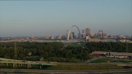 5.7K aerial stock footage a view of the Gateway Arch from East St. Louis in the morning, Downtown St. Louis, Missouri Aerial Stock Footage | DX0001_000965