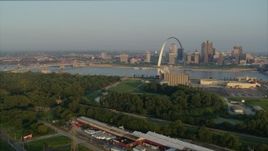 5.7K aerial stock footage of the Gateway Arch at sunrise, Downtown St. Louis, Missouri Aerial Stock Footage | DX0001_000971
