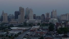 5.7K aerial stock footage flyby the city's tall skyscrapers at twilight in Downtown Kansas City, Missouri Aerial Stock Footage | DX0001_000982