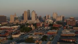 5.7K aerial stock footage of the city skyline at sunrise, Downtown Kansas City, Missouri Aerial Stock Footage | DX0001_001002