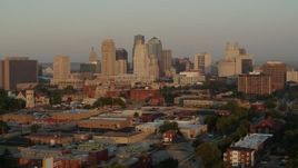 5.7K aerial stock footage flyby the city skyline at sunrise, Downtown Kansas City, Missouri Aerial Stock Footage | DX0001_001004