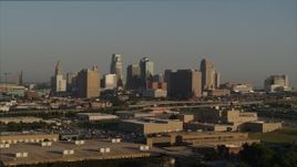 5.7K aerial stock footage of the downtown skyline at sunrise, Downtown Kansas City, Missouri Aerial Stock Footage | DX0001_001014