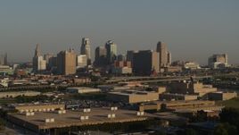 5.7K aerial stock footage flyby the downtown skyline at sunrise, Downtown Kansas City, Missouri Aerial Stock Footage | DX0001_001015