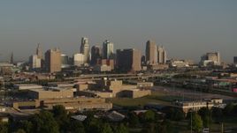 5.7K aerial stock footage approach the downtown skyline at sunrise, Downtown Kansas City, Missouri Aerial Stock Footage | DX0001_001019