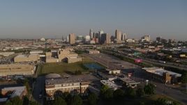 5.7K aerial stock footage flyby and away from the city skyline, seen from south of I-70 in Downtown Kansas City, Missouri Aerial Stock Footage | DX0001_001031