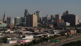5.7K aerial stock footage of a city office building and skyscrapers in Downtown Kansas City, Missouri Aerial Stock Footage | DX0001_001048