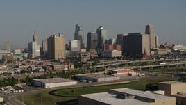 5.7K aerial stock footage of a view of the city's skyline from east of the freeway in Downtown Kansas City, Missouri Aerial Stock Footage | DX0001_001057