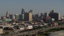 5.7K aerial stock footage flyby the city's skyline from east of the freeway in Downtown Kansas City, Missouri Aerial Stock Footage | DX0001_001059