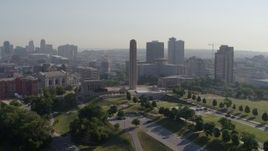 5.7K aerial stock footage of a stationary view of the WWI memorial in Kansas City, Missouri Aerial Stock Footage | DX0001_001067