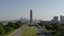5.7K aerial stock footage fly low and ascend toward the WWI memorial in Kansas City, Missouri, and the downtown skyline Aerial Stock Footage | DX0001_001073