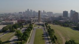 5.7K aerial stock footage of a stationary view of the WWI memorial and skyline in Kansas City, Missouri Aerial Stock Footage | DX0001_001077
