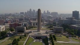 5.7K aerial stock footage fly toward the WWI memorial and skyline in Kansas City, Missouri Aerial Stock Footage | DX0001_001078