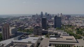 5.7K aerial stock footage of the city skyline seen from Crown Center office buildings, Downtown Kansas City, Missouri Aerial Stock Footage | DX0001_001084