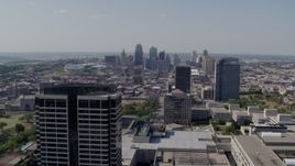 5.7K aerial stock footage of the city skyline behind tall Crown Center office buildings, Downtown Kansas City, Missouri Aerial Stock Footage | DX0001_001086