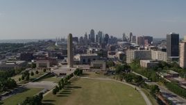 5.7K aerial stock footage flyby WWI memorial for view of Downtown Kansas City, Missouri skyline Aerial Stock Footage | DX0001_001102