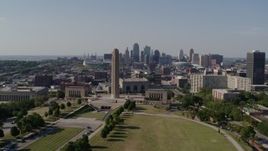 5.7K aerial stock footage pass by the WWI memorial for view of Downtown Kansas City, Missouri skyline Aerial Stock Footage | DX0001_001103