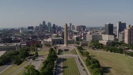 5.7K aerial stock footage of the WWI memorial and the Downtown Kansas City, Missouri skyline Aerial Stock Footage | DX0001_001107