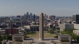 5.7K aerial stock footage fly away from the WWI memorial and the Downtown Kansas City, Missouri skyline Aerial Stock Footage | DX0001_001109