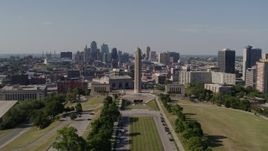 5.7K aerial stock footage static view and slow approach to the WWI memorial and Downtown Kansas City, Missouri skyline Aerial Stock Footage | DX0001_001110