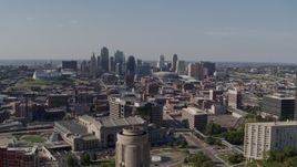 5.7K aerial stock footage fly over the WWI memorial to approach the Downtown Kansas City, Missouri skyline Aerial Stock Footage | DX0001_001112