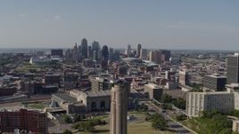 5.7K aerial stock footage fly away from skyline to reveal the WWI memorial, Downtown Kansas City, Missouri Aerial Stock Footage | DX0001_001113