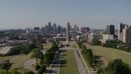 5.7K aerial stock footage fly away from skyline and the WWI memorial, Downtown Kansas City, Missouri Aerial Stock Footage | DX0001_001114