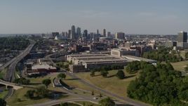 5.7K aerial stock footage of a government office building and city skyline in background, Downtown Kansas City, Missouri Aerial Stock Footage | DX0001_001119