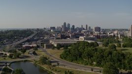 5.7K aerial stock footage descend and approach government office building and city skyline, Downtown Kansas City, Missouri Aerial Stock Footage | DX0001_001123