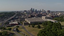 5.7K aerial stock footage flyby a government building and city's skyline, Downtown Kansas City, Missouri Aerial Stock Footage | DX0001_001133