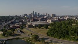 5.7K aerial stock footage descend near a government building and city's skyline, Downtown Kansas City, Missouri Aerial Stock Footage | DX0001_001134