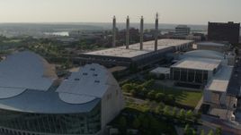 5.7K aerial stock footage of flying by the convention center in Downtown Kansas City, Missouri Aerial Stock Footage | DX0001_001148
