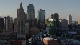 5.7K aerial stock footage of tall skyscrapers in Downtown Kansas City, Missouri Aerial Stock Footage | DX0001_001151
