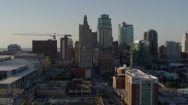 5.7K aerial stock footage of approaching city skyscrapers in Downtown Kansas City, Missouri Aerial Stock Footage | DX0001_001157