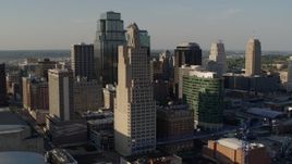 5.7K aerial stock footage of passing city skyscrapers in Downtown Kansas City, Missouri Aerial Stock Footage | DX0001_001159