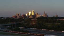 5.7K aerial stock footage light from setting sun reflecting off skyscrapers in Downtown Kansas City, Missouri Aerial Stock Footage | DX0001_001170