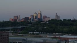 5.7K aerial stock footage ascend and approach city skyline at twilight, Downtown Kansas City, Missouri Aerial Stock Footage | DX0001_001187
