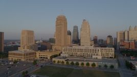 5.7K aerial stock footage flyby city hall and skyscraper at sunrise, Downtown Kansas City, Missouri Aerial Stock Footage | DX0001_001208