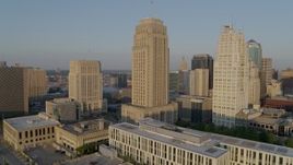 5.7K aerial stock footage static view and flyby courthouse, city hall and neighboring skyscraper at sunrise, Downtown Kansas City, Missouri Aerial Stock Footage | DX0001_001225