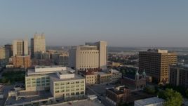 5.7K aerial stock footage flyby government offices, federal courthouse at sunrise, Downtown Kansas City, Missouri Aerial Stock Footage | DX0001_001226