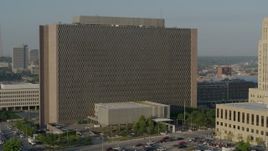 5.7K aerial stock footage of a static view of a government office building at sunrise, Downtown Kansas City, Missouri Aerial Stock Footage | DX0001_001236